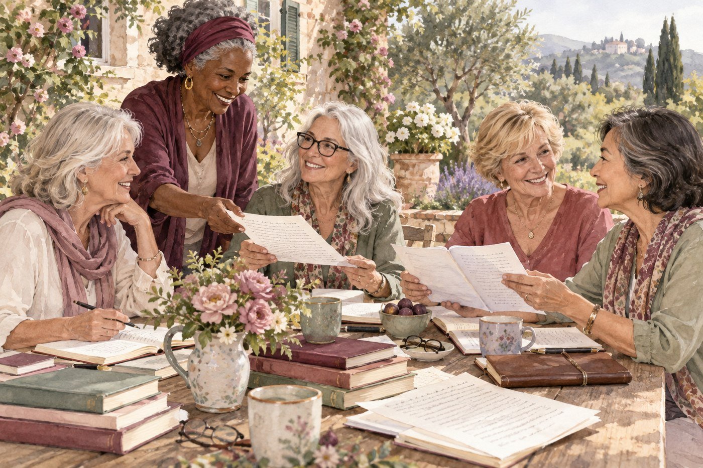 Illustration of women sharing their writing around a garden table
