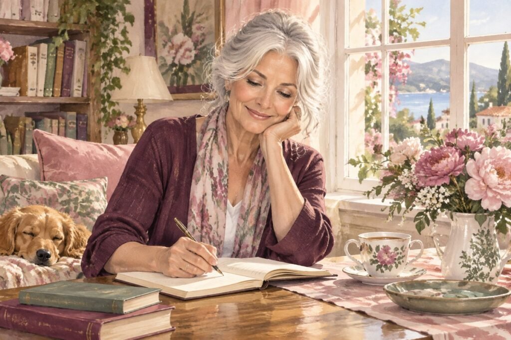 first romance novel after 55: A silver-haired woman writing beside a sunny window, flowers and tea.