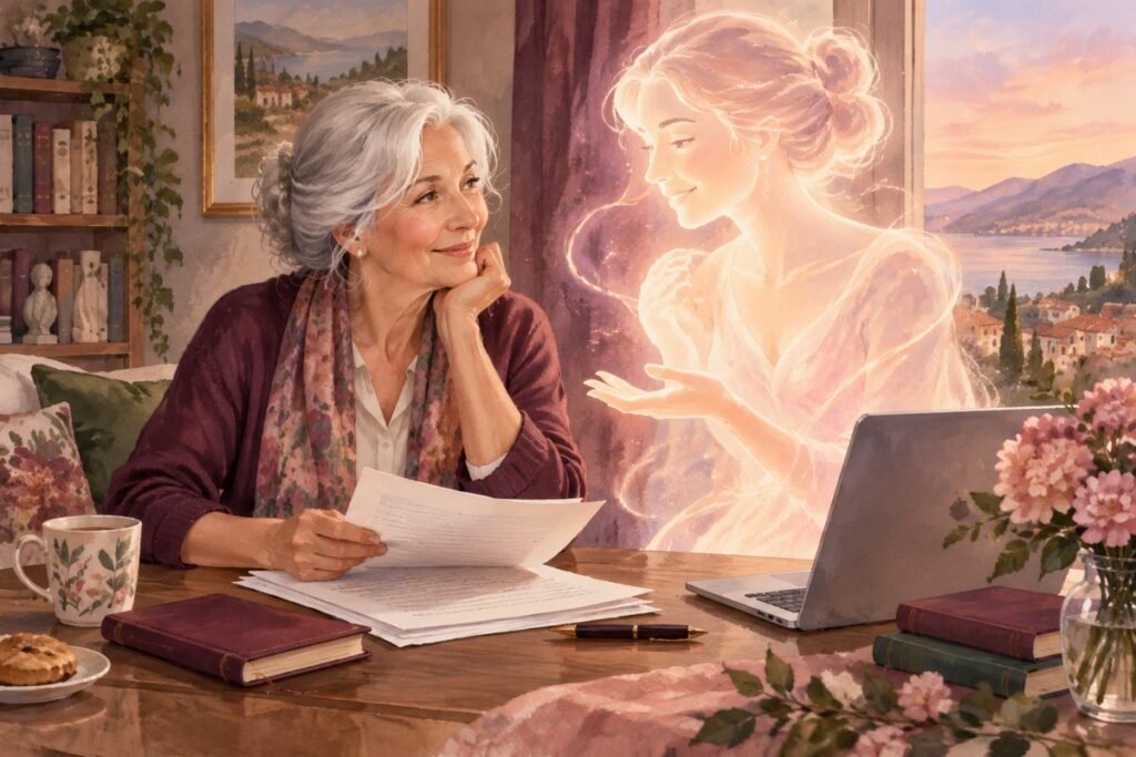 writing a romance novel with AI: A mature woman writer beside a laptop with a soft abstract digital glow.