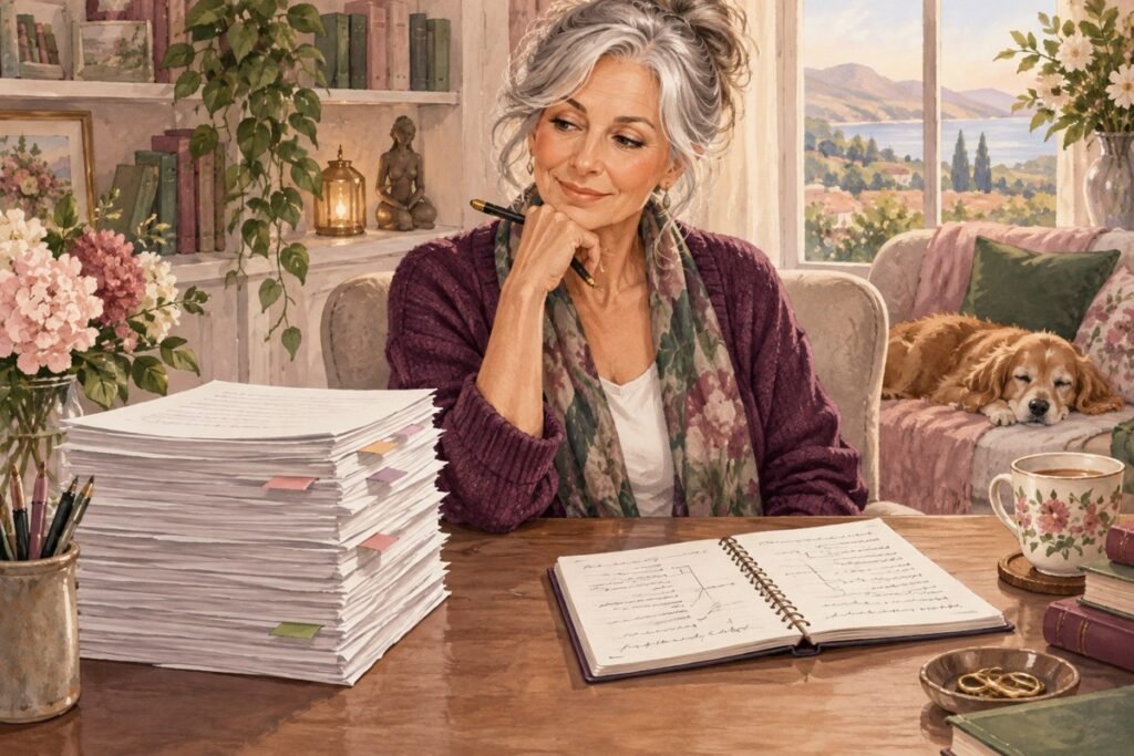 AI write entire romance novel: A mature writer considering manuscript pages and an outline notebook.