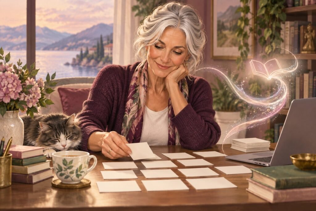 romance outline with AI: A mature woman arranging blank story cards on a desk.