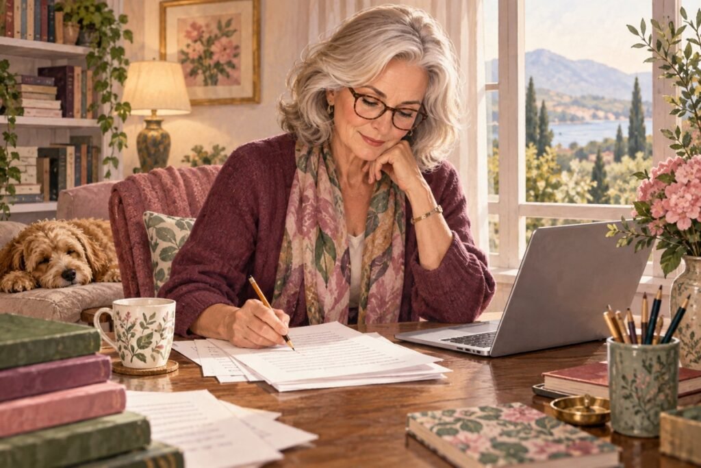 editing a romance novel with AI: A mature woman carefully editing manuscript pages beside a laptop.