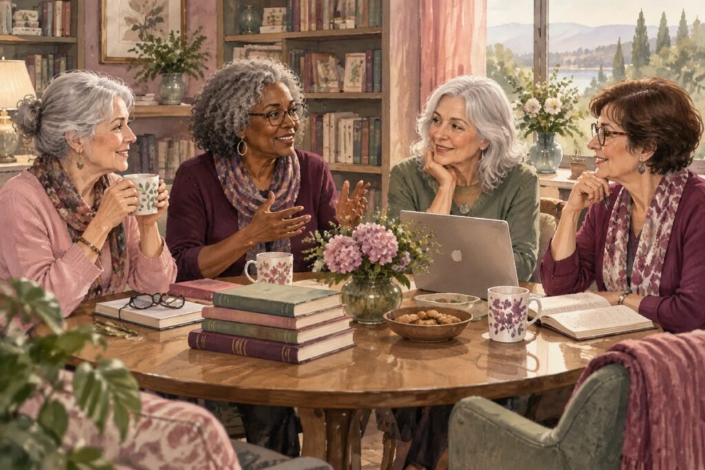 AI and romance novels controversy: Diverse women over 55 discussing books and technology around a table.
