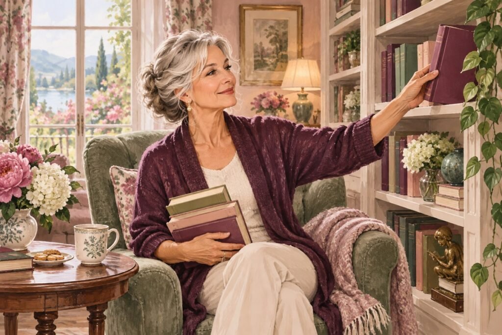choose a romance subgenre: A mature woman choosing colorful blank books in a cozy reading room.