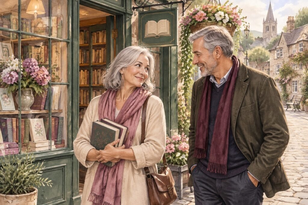later-life romance characters: Two adults in their early 60s sharing a smile outside a bookshop.