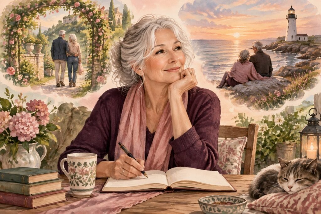 romance novel premise: A mature novelist with a notebook and imagined garden and lighthouse scenes.