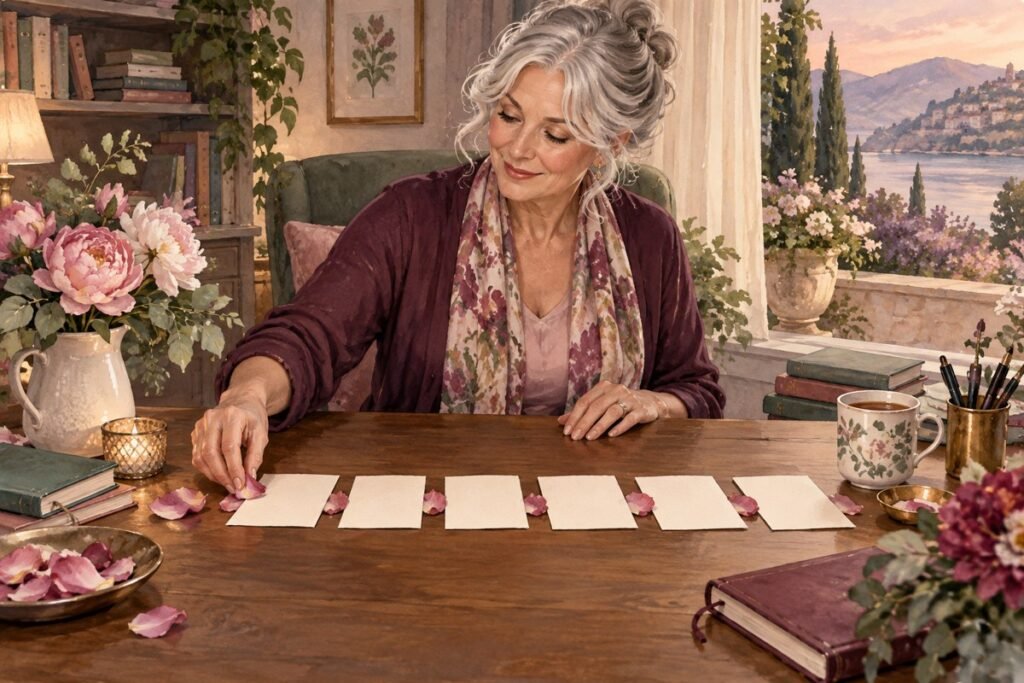 plan a romance scene: A mature writer arranging blank scene cards with petals on her desk.