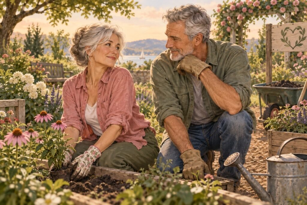 romantic conflict: Two mature adults restoring a garden with warmth and respectful hesitation.