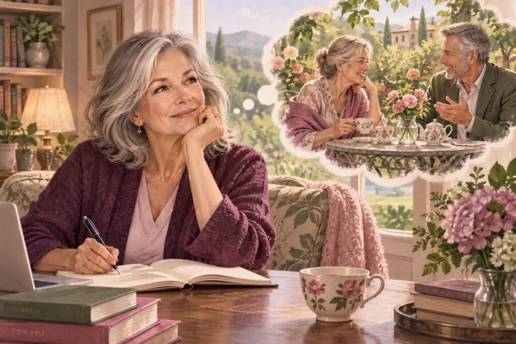 romance dialogue: A mature woman writing while imagining two adults talking over tea.