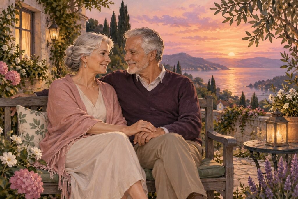 romance heat level: A mature couple holding hands on a garden bench at twilight.