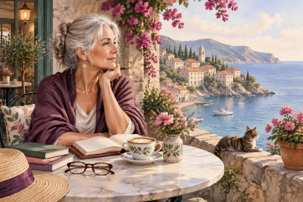 romance setting: A silver-haired novelist observing a seaside village from a cafe.