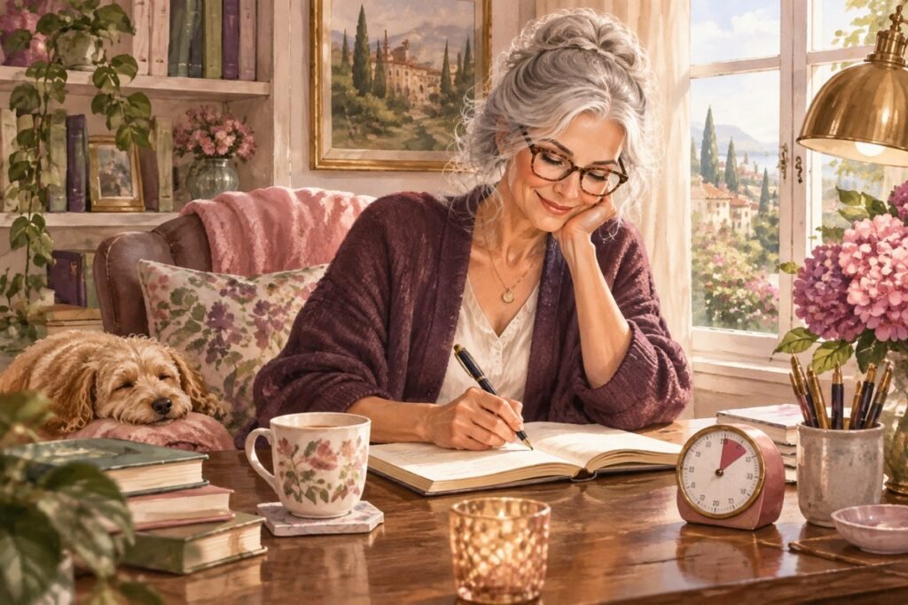 romance writing routine: A mature woman writing beside a small timer in afternoon light.