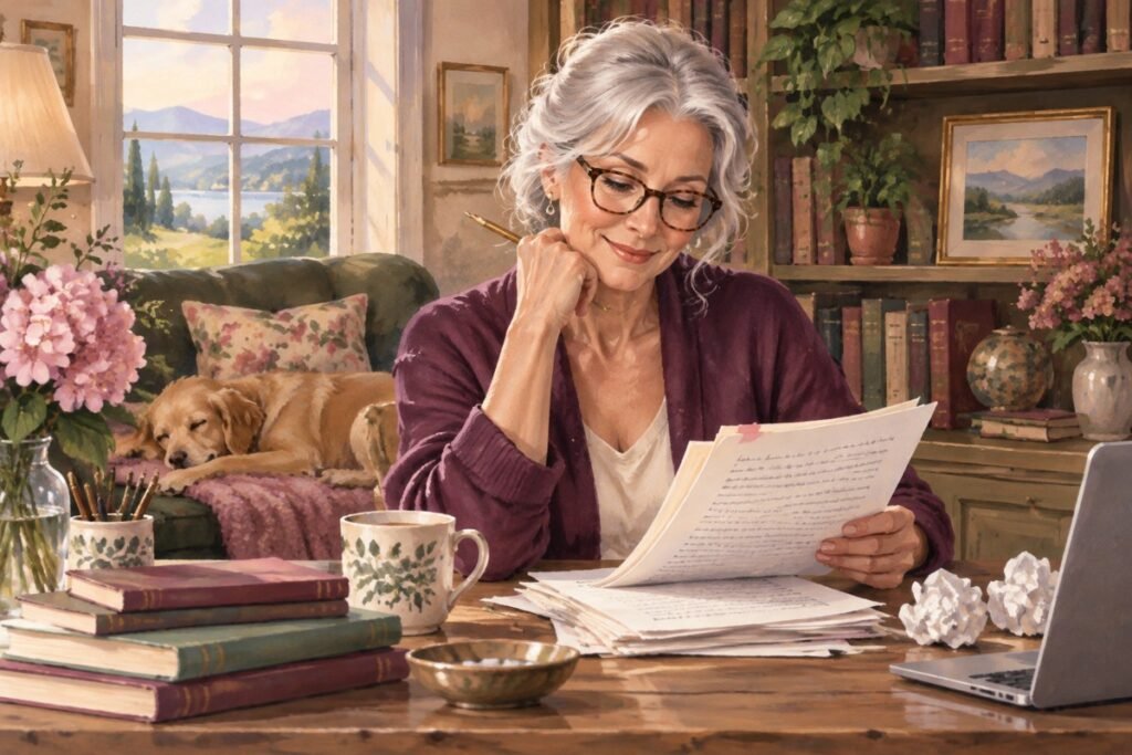 finish first romance draft: A mature woman smiling gently over a messy draft with pencil in hand.