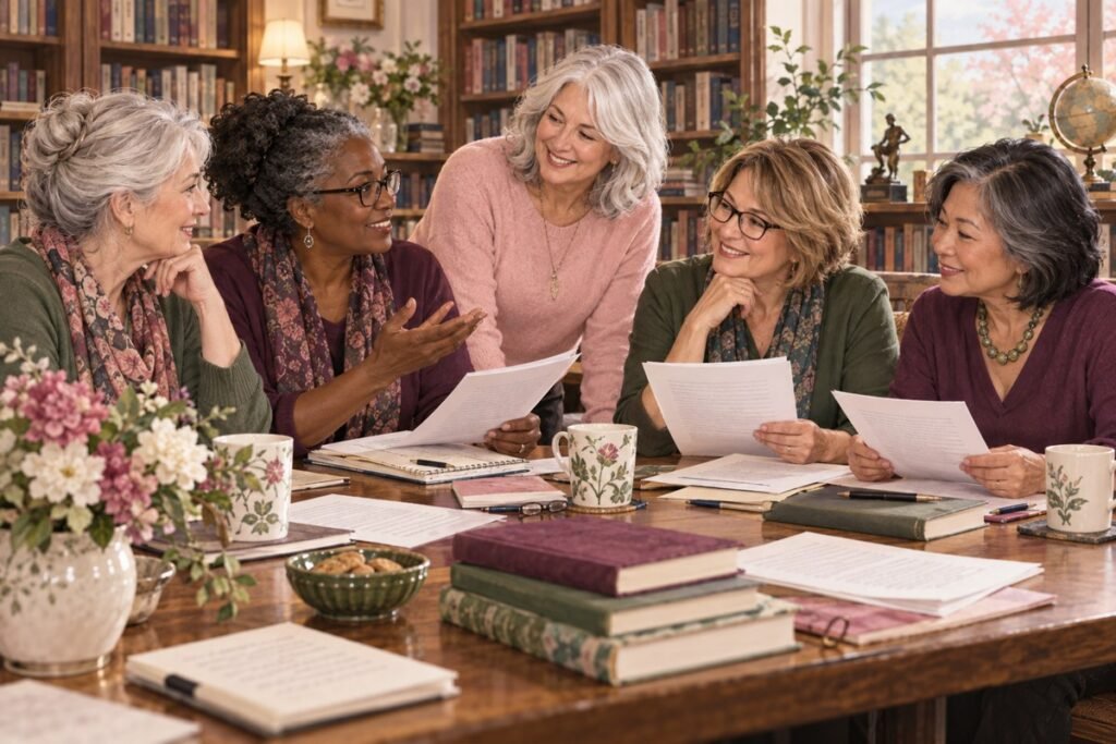 romance beta readers: An encouraging group of diverse women over 55 discussing manuscript pages.