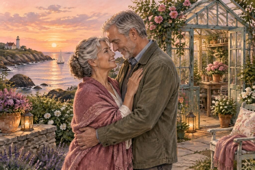 romance ending: A mature couple reconciling beside a restored greenhouse in evening light.