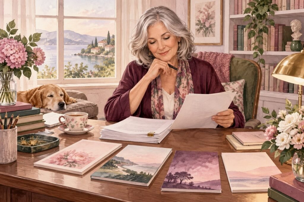 prepare romance novel for publication: A mature woman reviewing manuscript pages and blank book-cover designs.