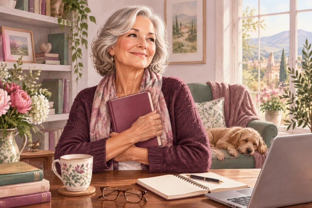 writing romance for pleasure: A joyful mature woman holding a blank-covered finished novel in sunlight.